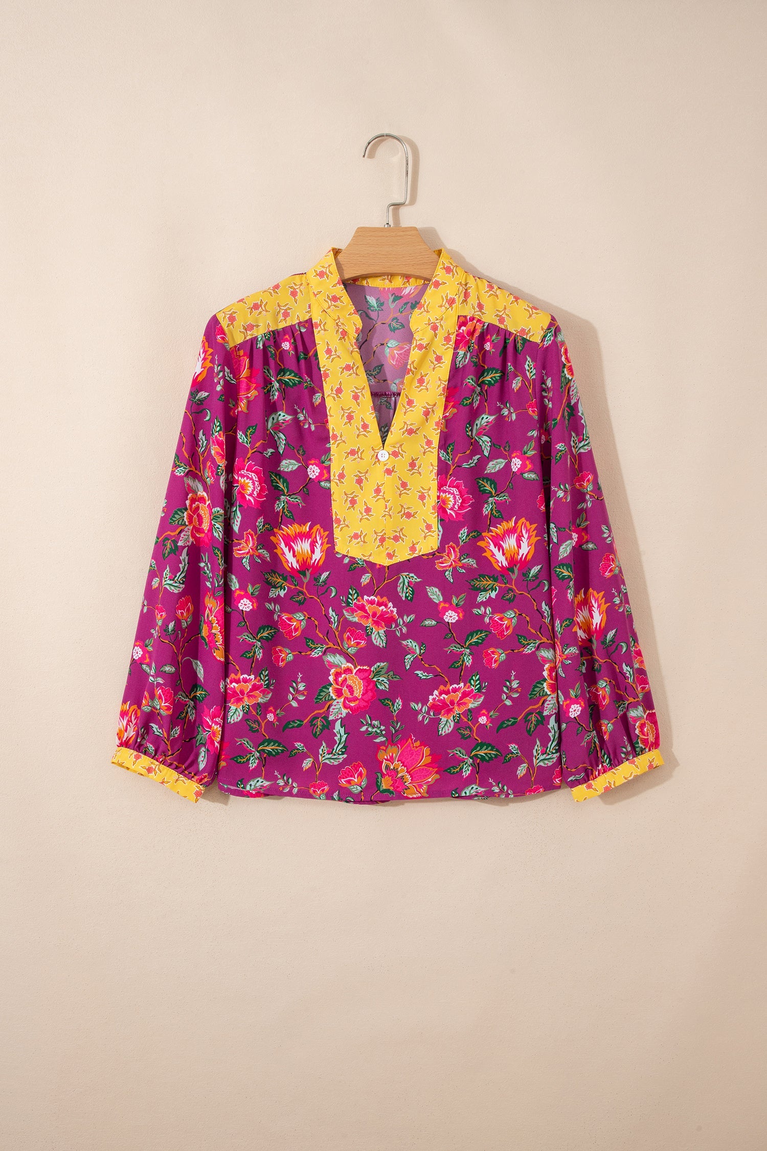 Rose Contrast Placket Split V Neck Floral Blouse