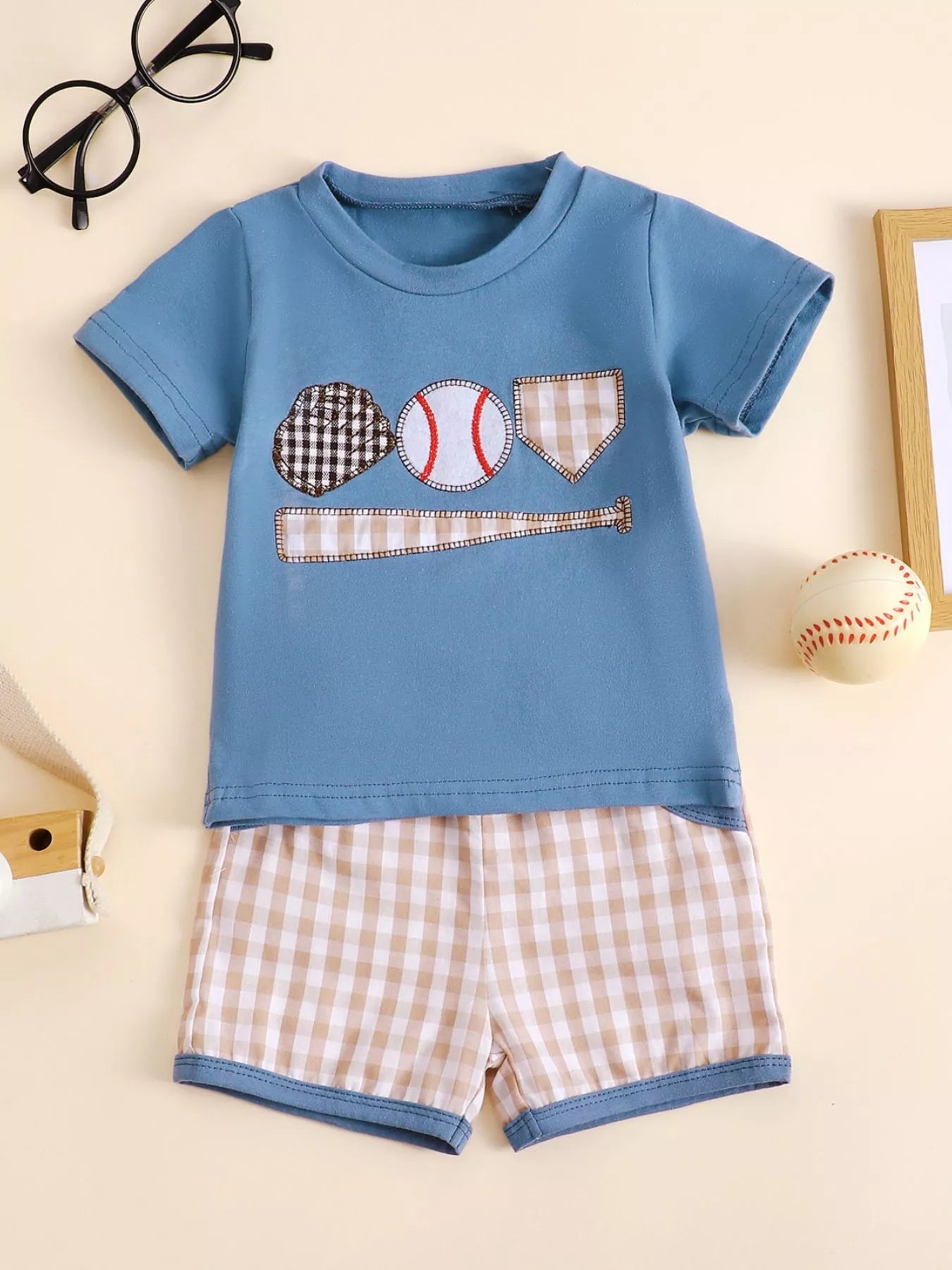 Children's Baseball Round Neck Top and Plaid Shorts Set