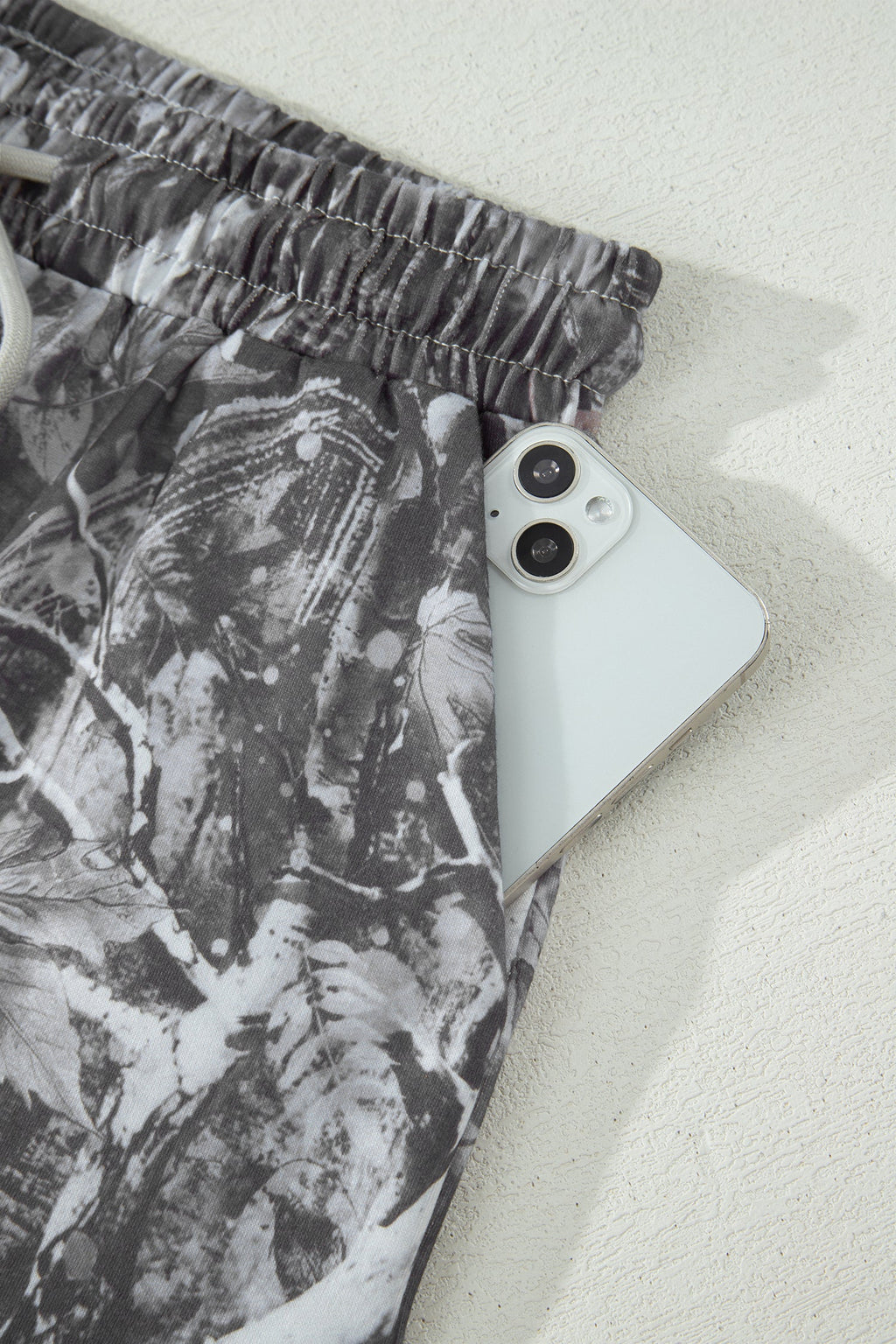 Gray Abstract Maple Leaf Printed Tie Elastic Waist Shorts