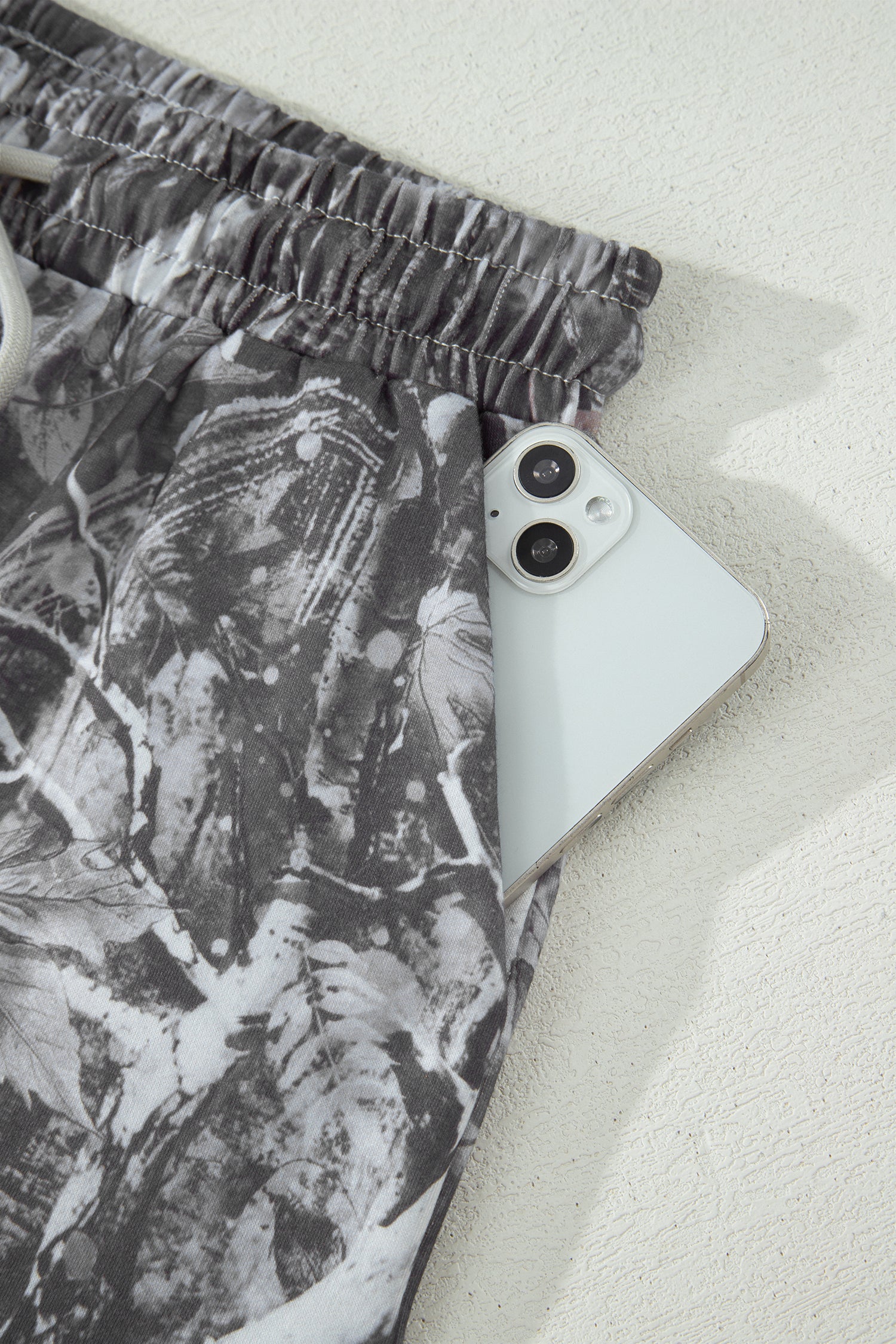 Gray Abstract Maple Leaf Printed Tie Elastic Waist Shorts
