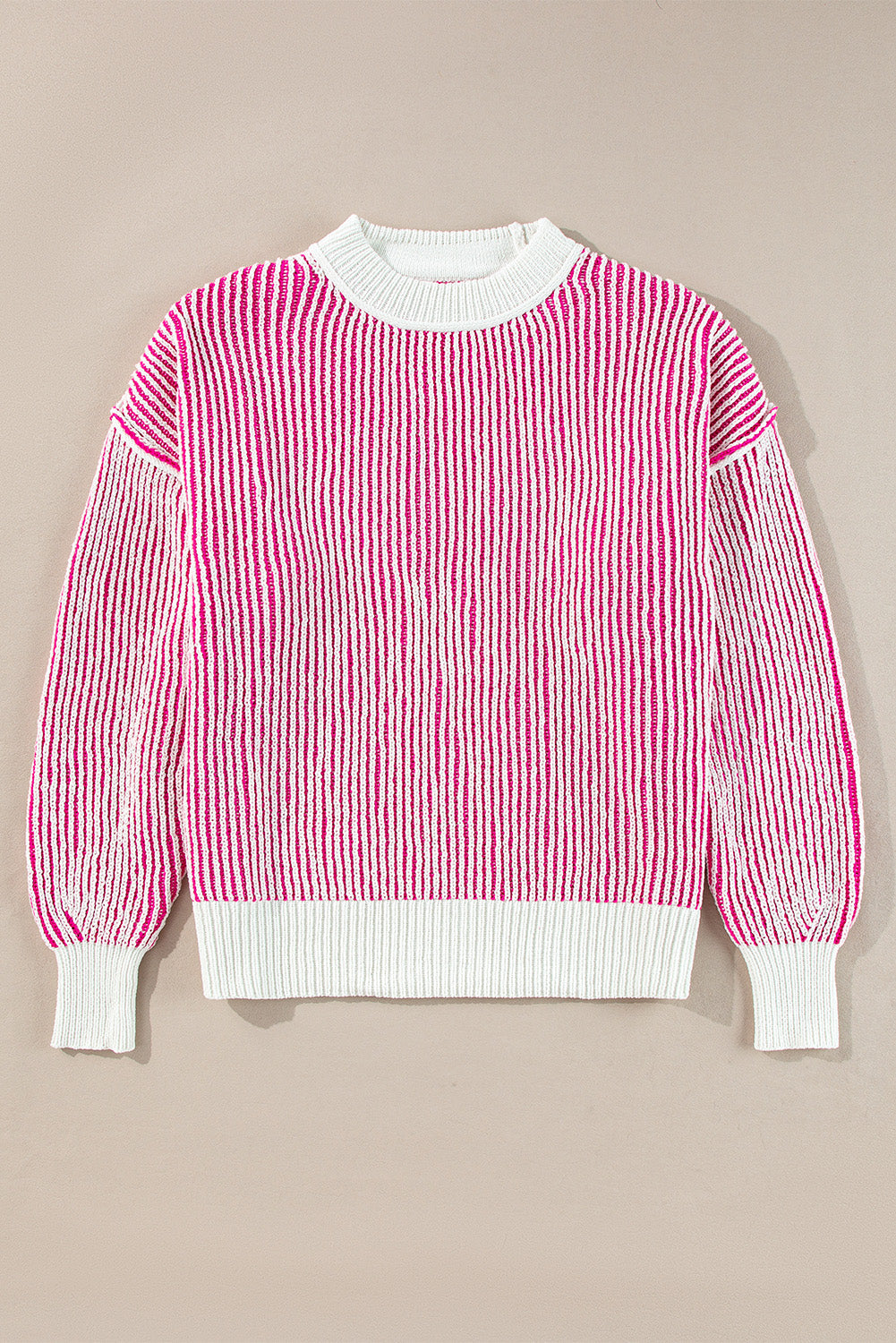 Bright Pink Striped Textured Knit Contrast Edge Loose Sweater