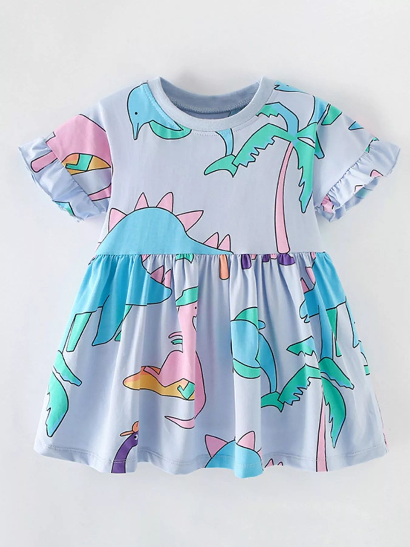 Children's Cute Cartoon Dinosaur Print Ruffle Sleeve Dress