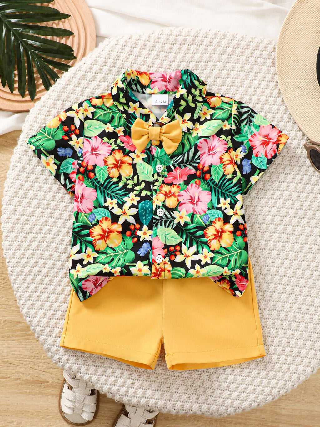 Children's Tropical Print Shirt & Solid Shorts with Bow Tie Set