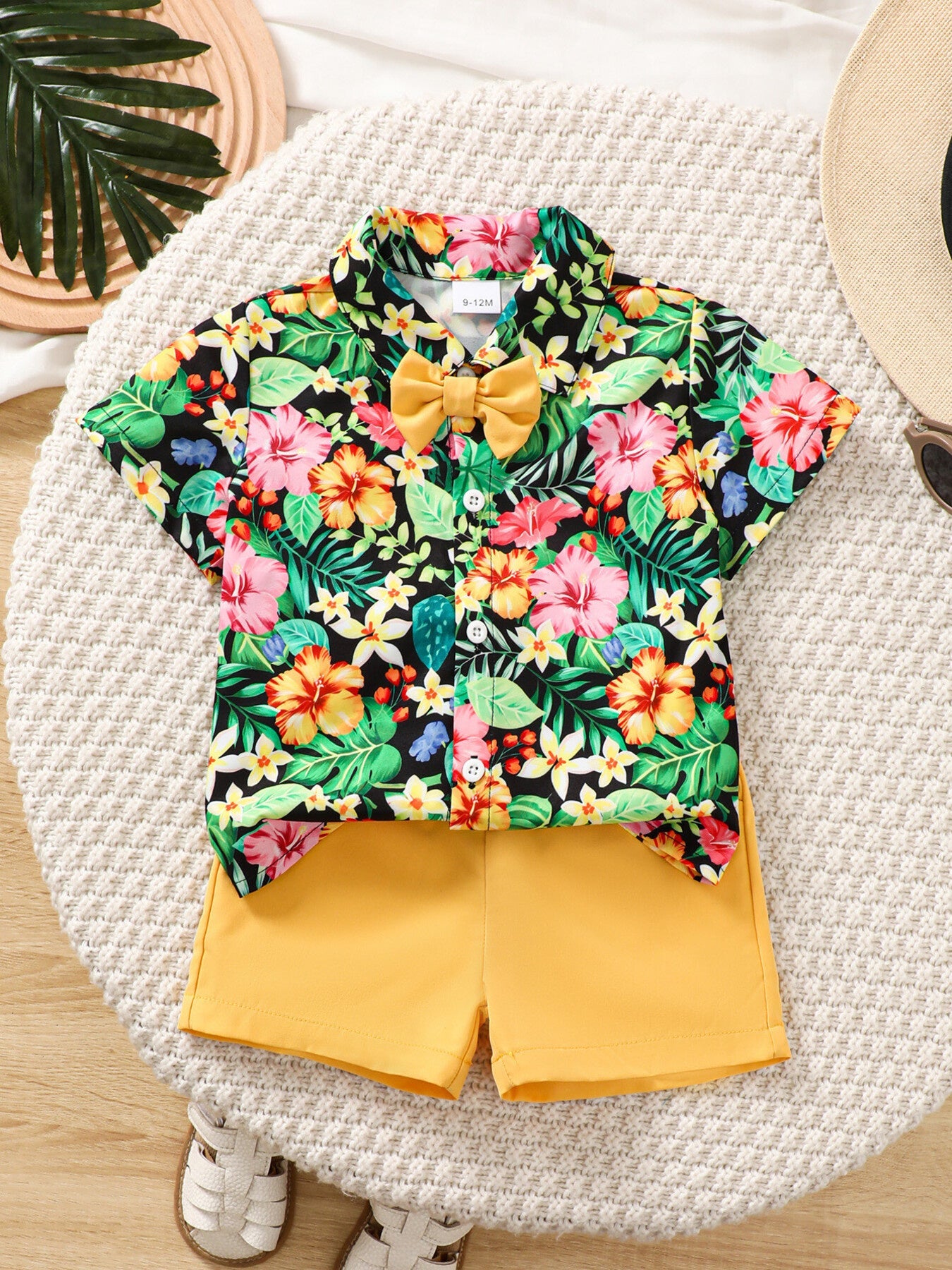 Children's Tropical Print Shirt & Solid Shorts with Bow Tie Set