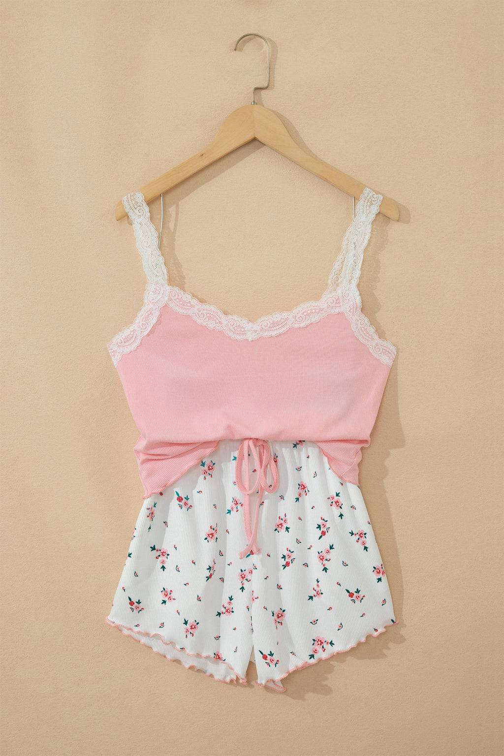 Pink Ribbed Knit Lace Straps Patchwork Lettuce Hem Cropped Top Floral Short Lounge Set