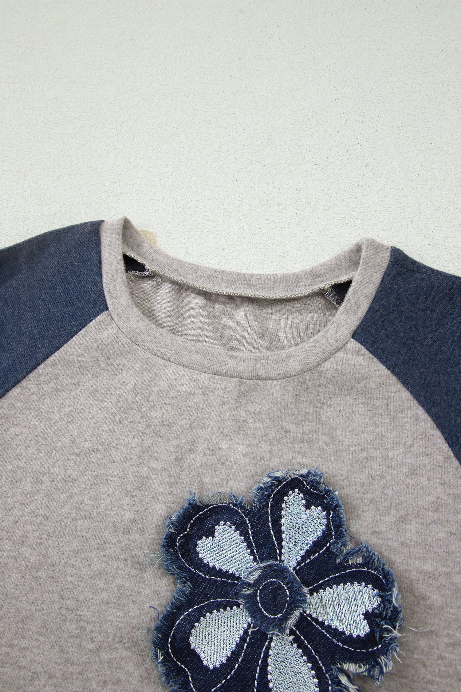 Dark Blue Floral Patchwork Colorblock Raglan Sleeve T Shirt