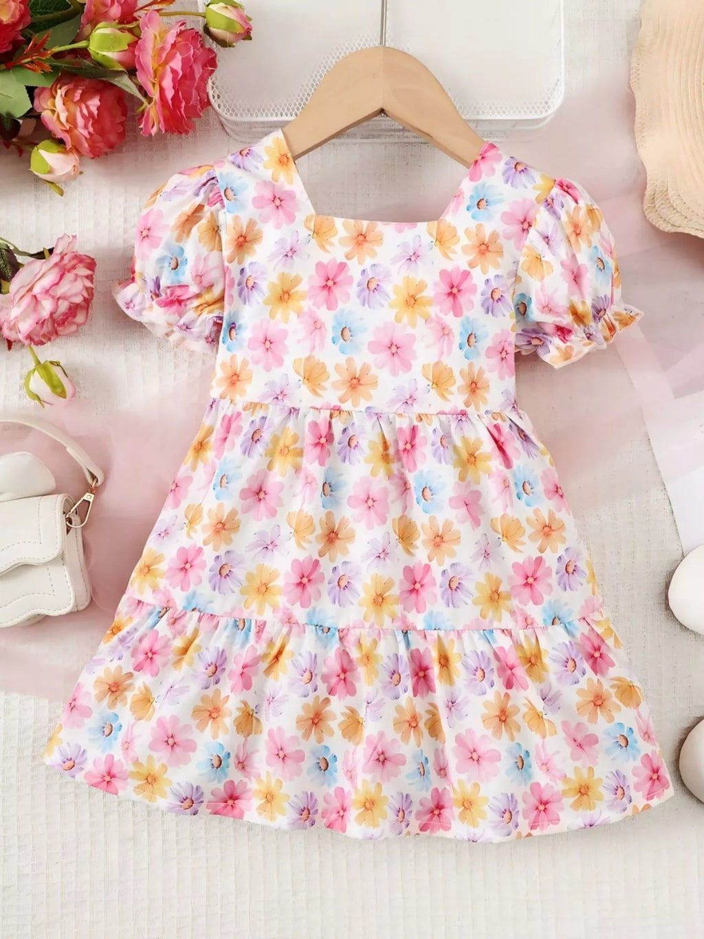 Children's Floral Print Puff Sleeve Ruffle Hem Dress
