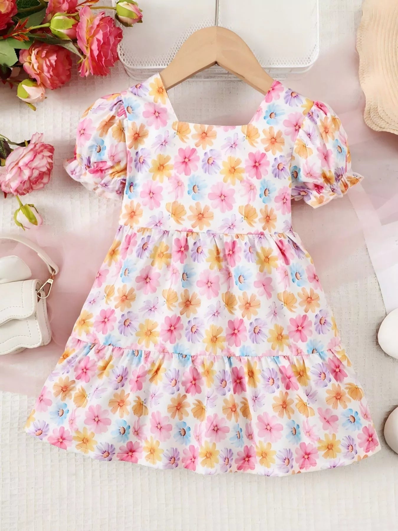 Children's Floral Print Puff Sleeve Ruffle Hem Dress