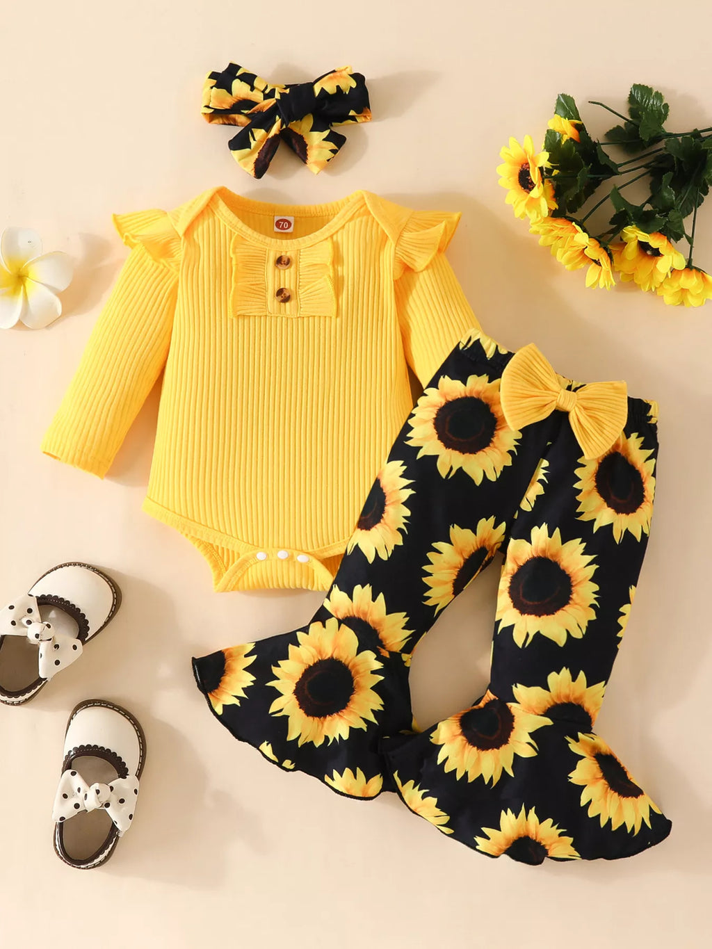 Children's Ruffled Ribbed Top and Sunflower Pants Set