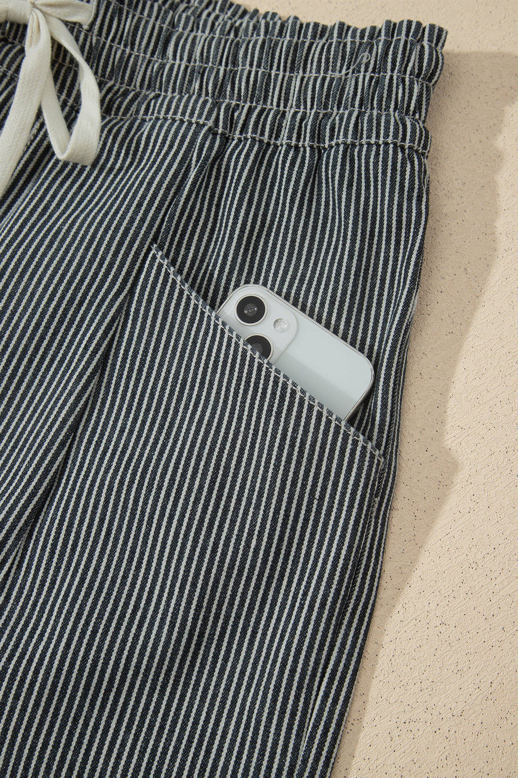 Black Stripe Raw Edge Drawstring Elastic Waist Casual Denim Shorts