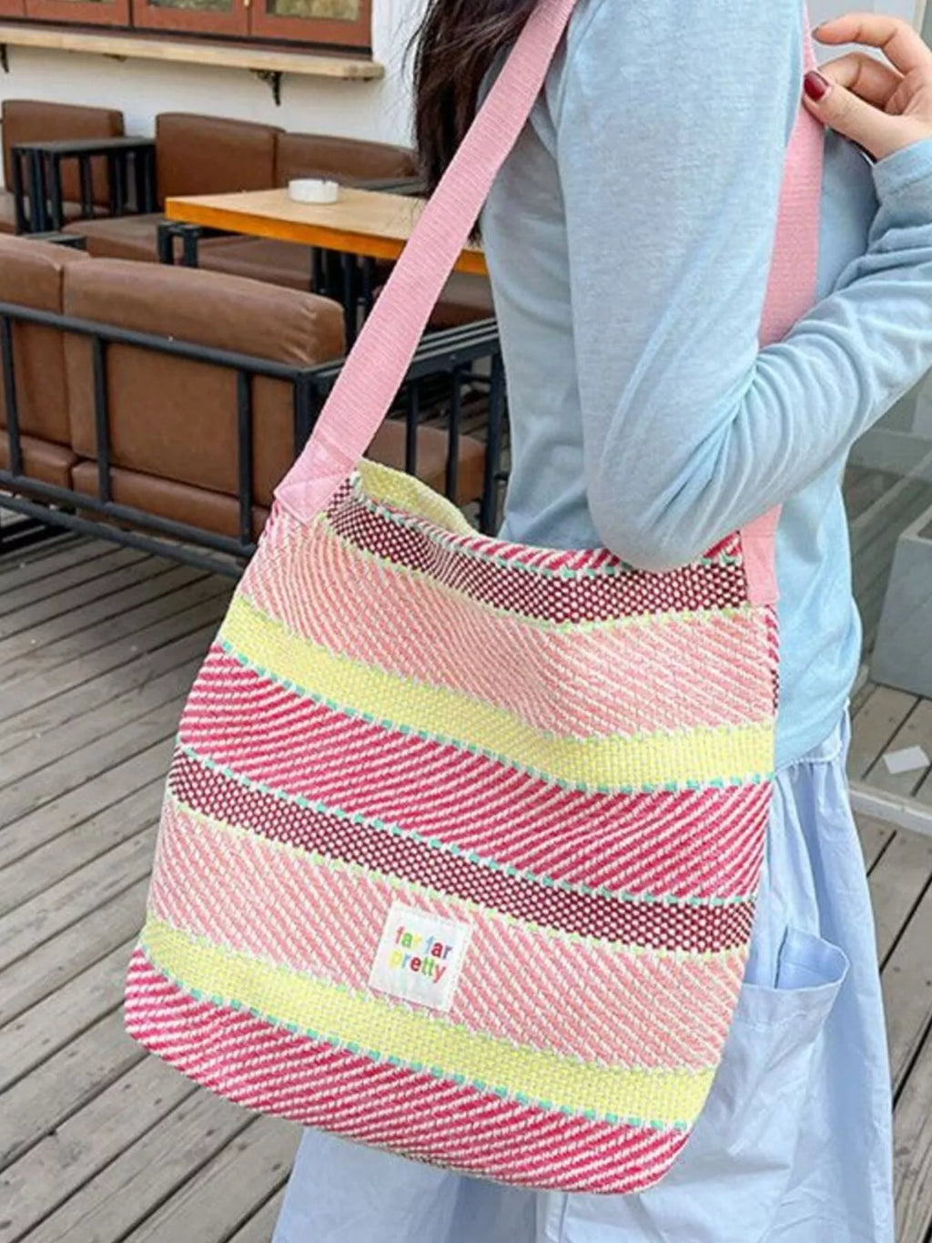 Striped Woven Shoulder Bag with Adjustable Strap
