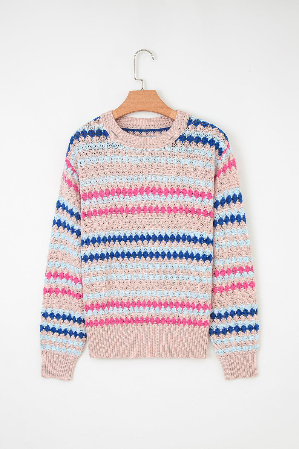 Khaki Stripe Eyelet Patterned Drop Shoulder Sweater