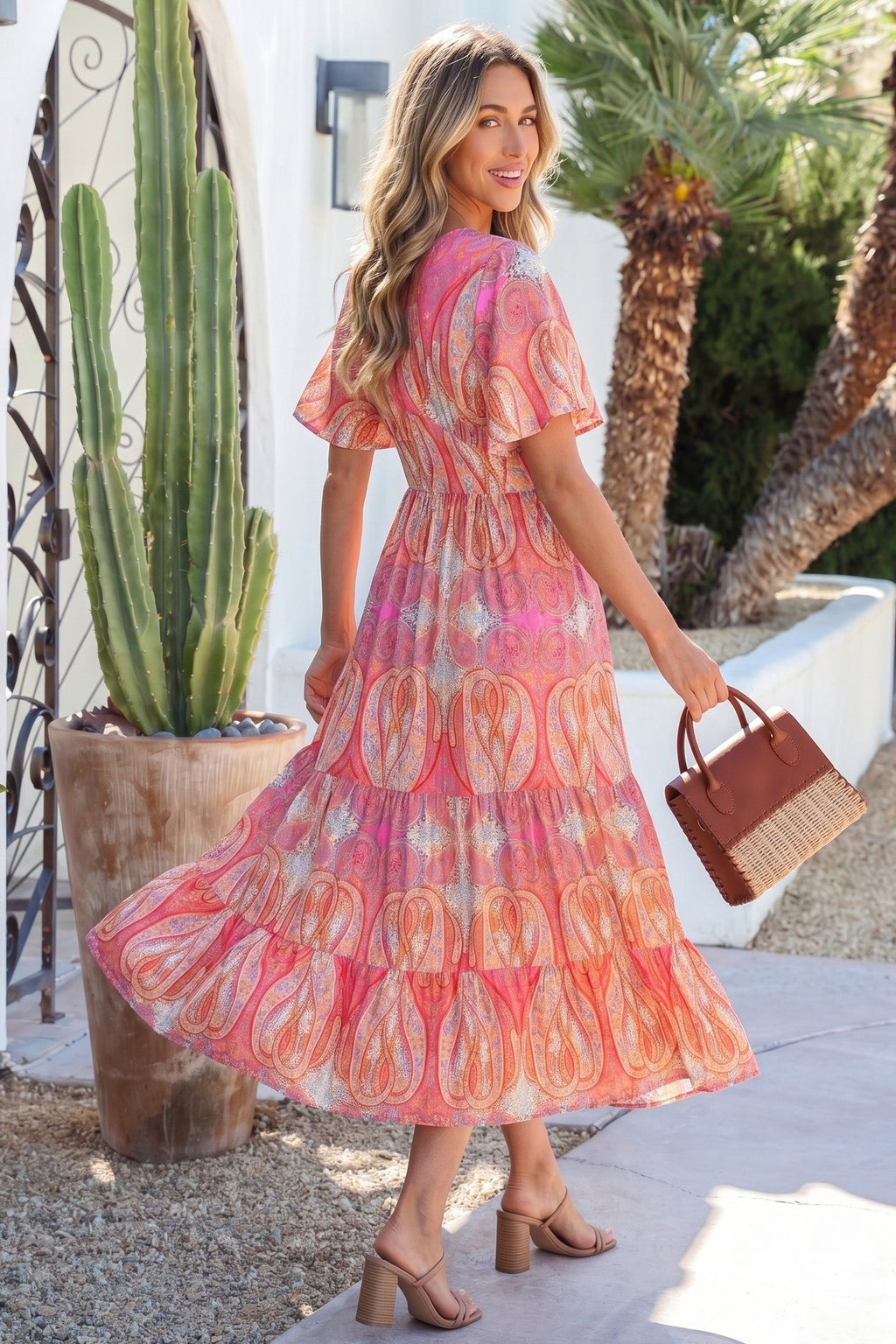Multicolour Paisley Print V-Neck Short Sleeve Boho Maxi Dress with Ruffle Details