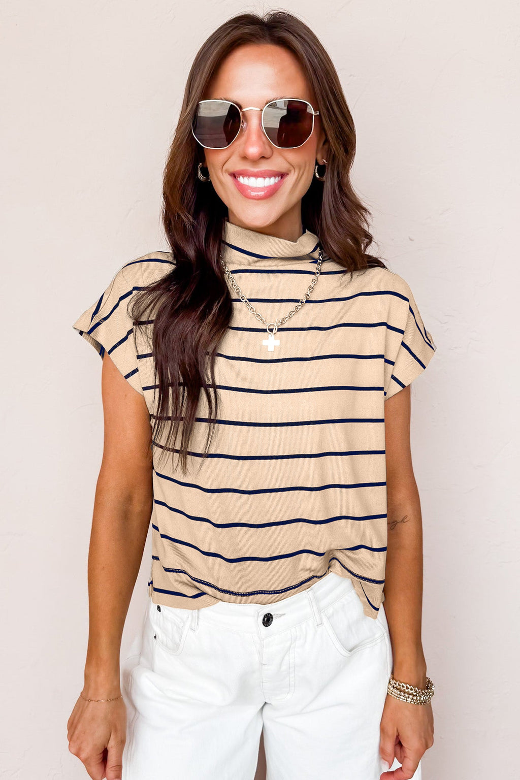 Khaki Stripe Mock Neck Short Sleeve Loose Top