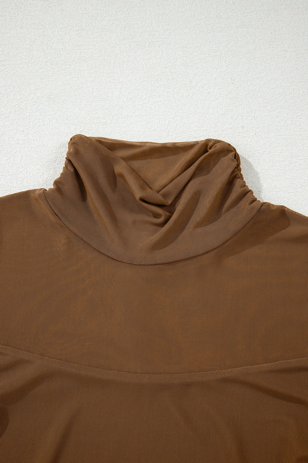 Coffee Sheer Mesh Patchwork High Neck Long Sleeve Top