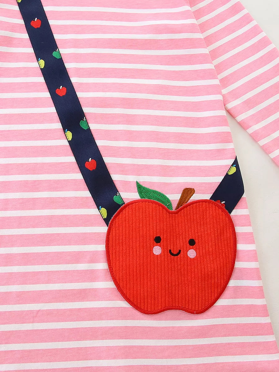 Children's Apple Applique Striped Long Sleeve Dress