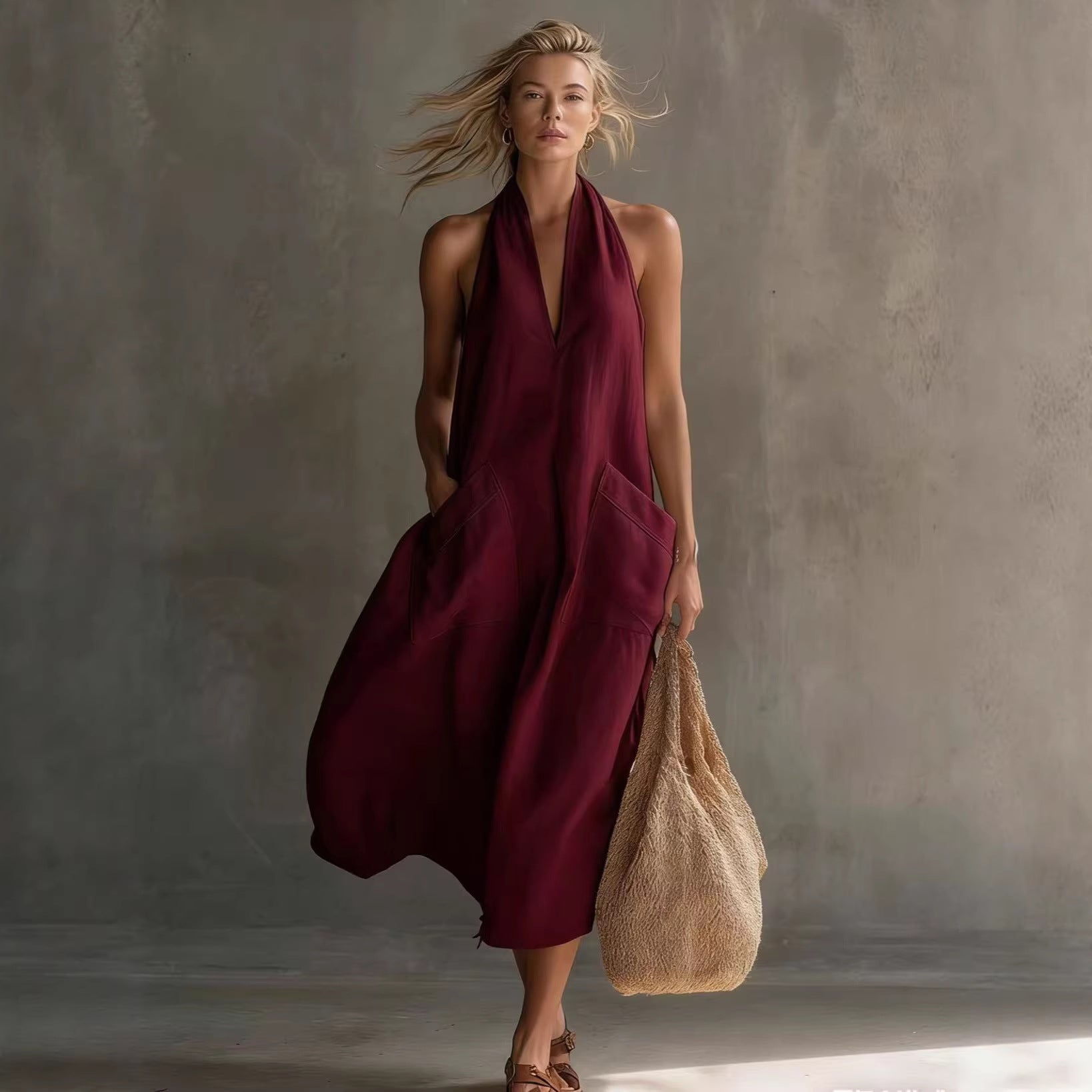 Women's Retro V-Neck Slip Dress – Loose Fit Sleeveless