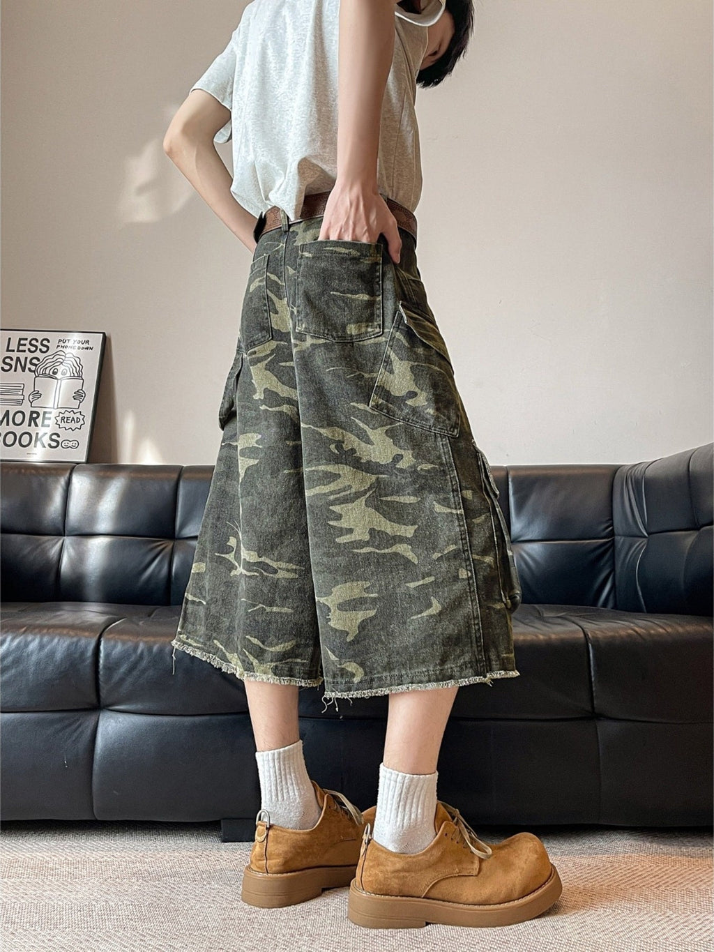 Men's Plus Size Vintage Camouflage Raw Hem Capris