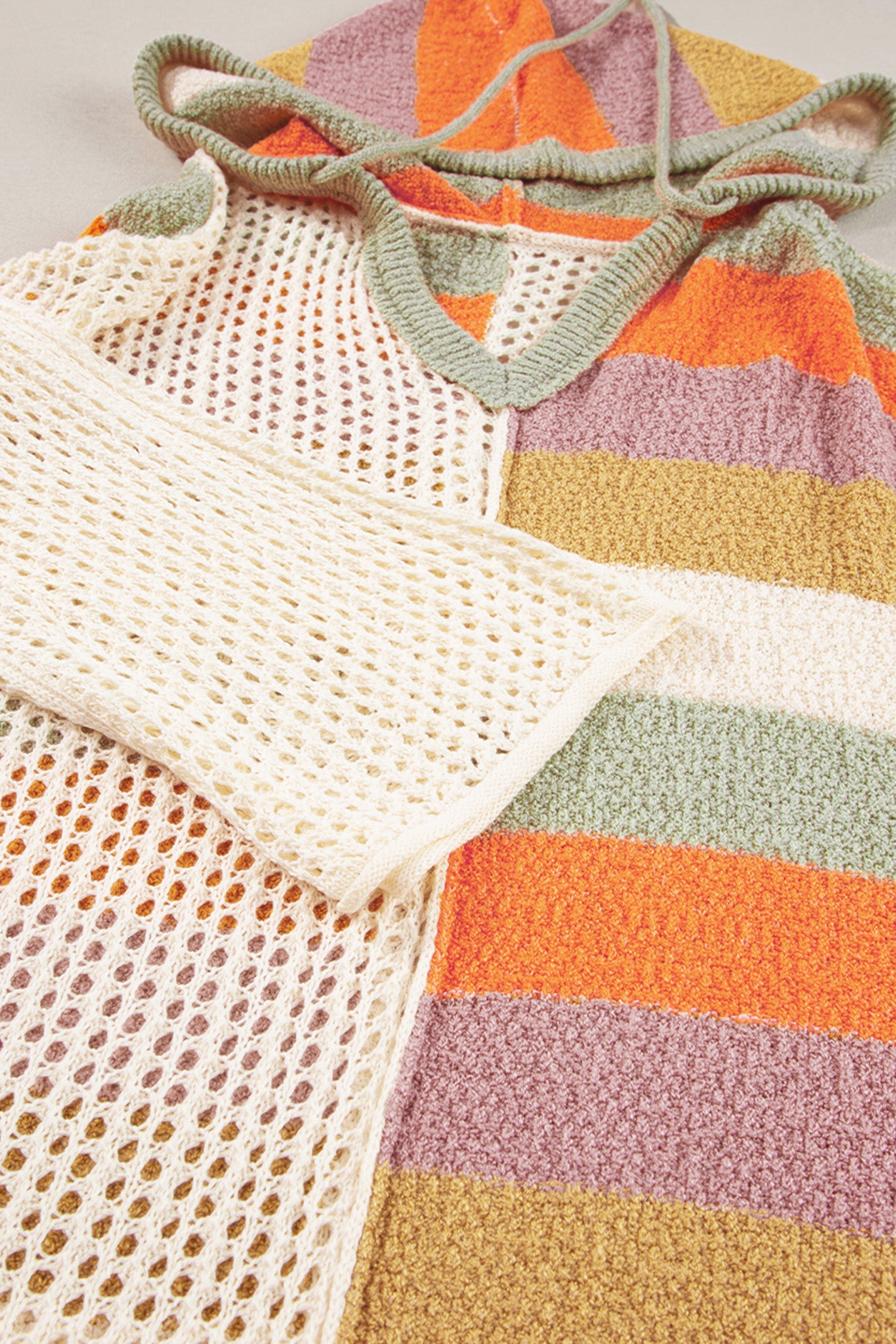 Beige Oversized Colorblock V Neck Hooded Sweater