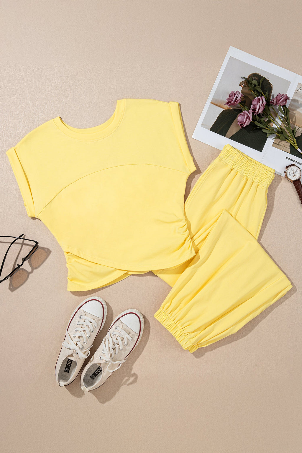 Yellow Cream Solid Color Cropped Tank Top and Jogger Pants Set
