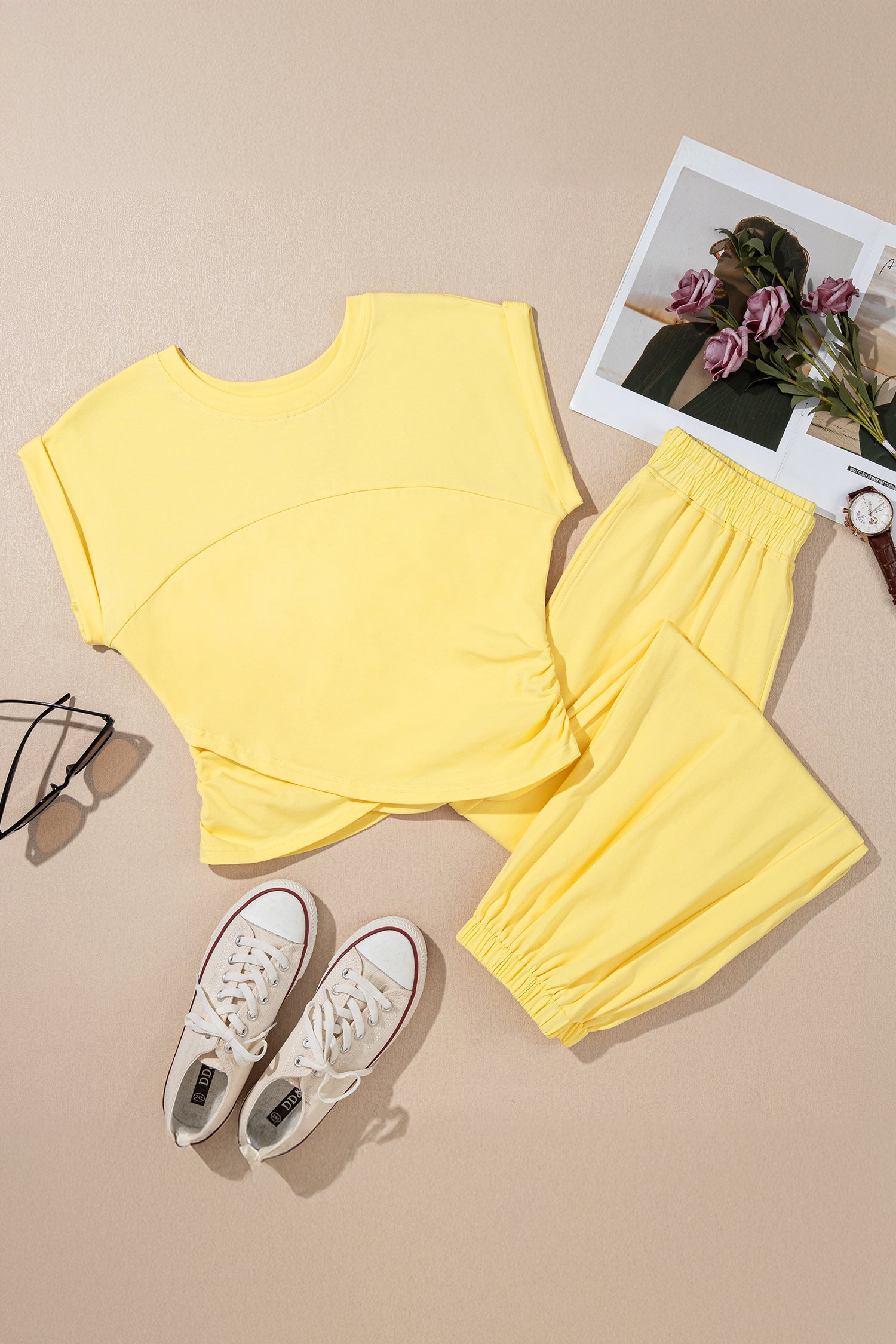 Yellow Cream Solid Color Cropped Tank Top and Jogger Pants Set