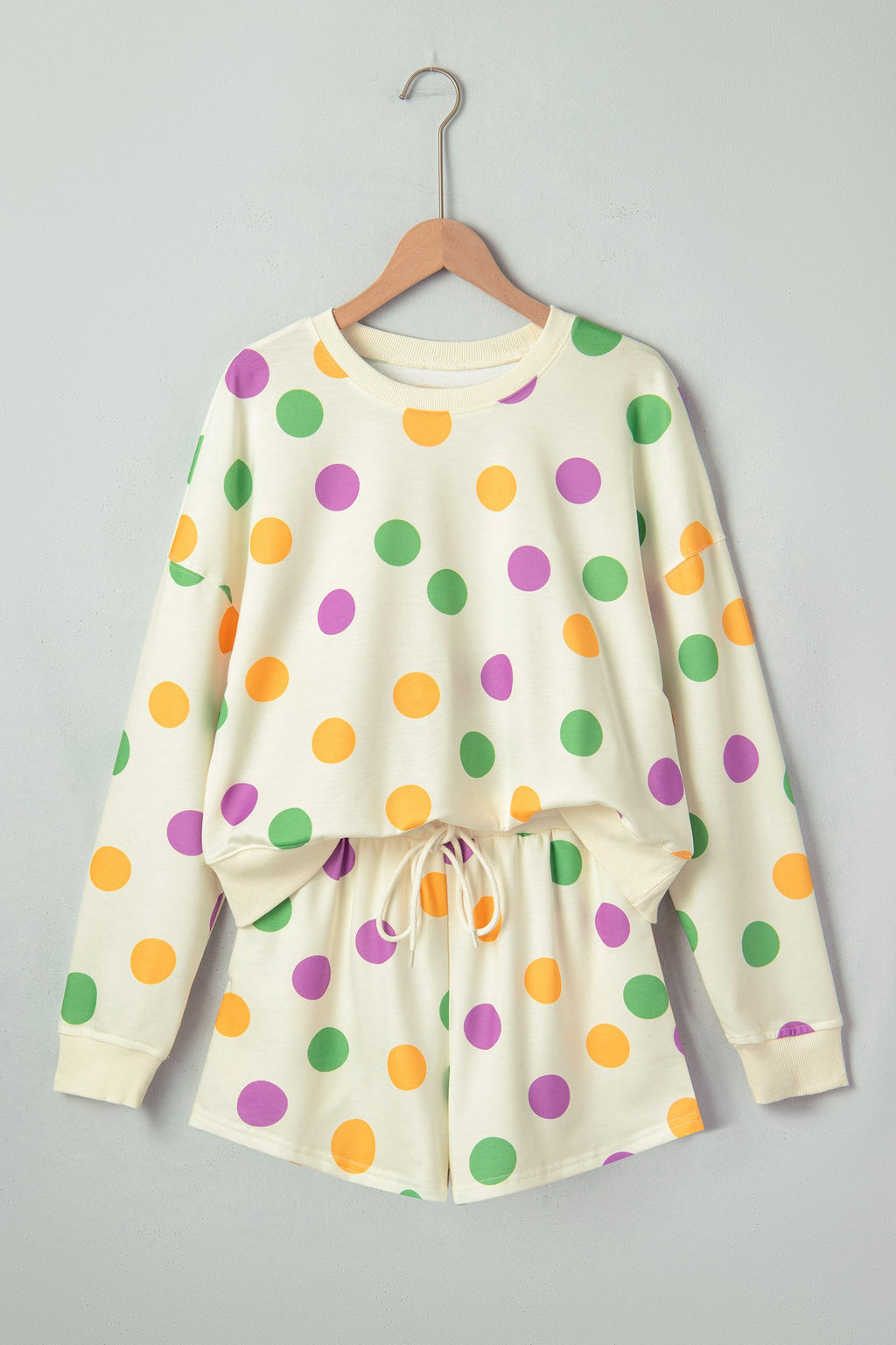 Multicolour Polka Dot Print Drop Shoulder Pullover Drawstring Shorts Set