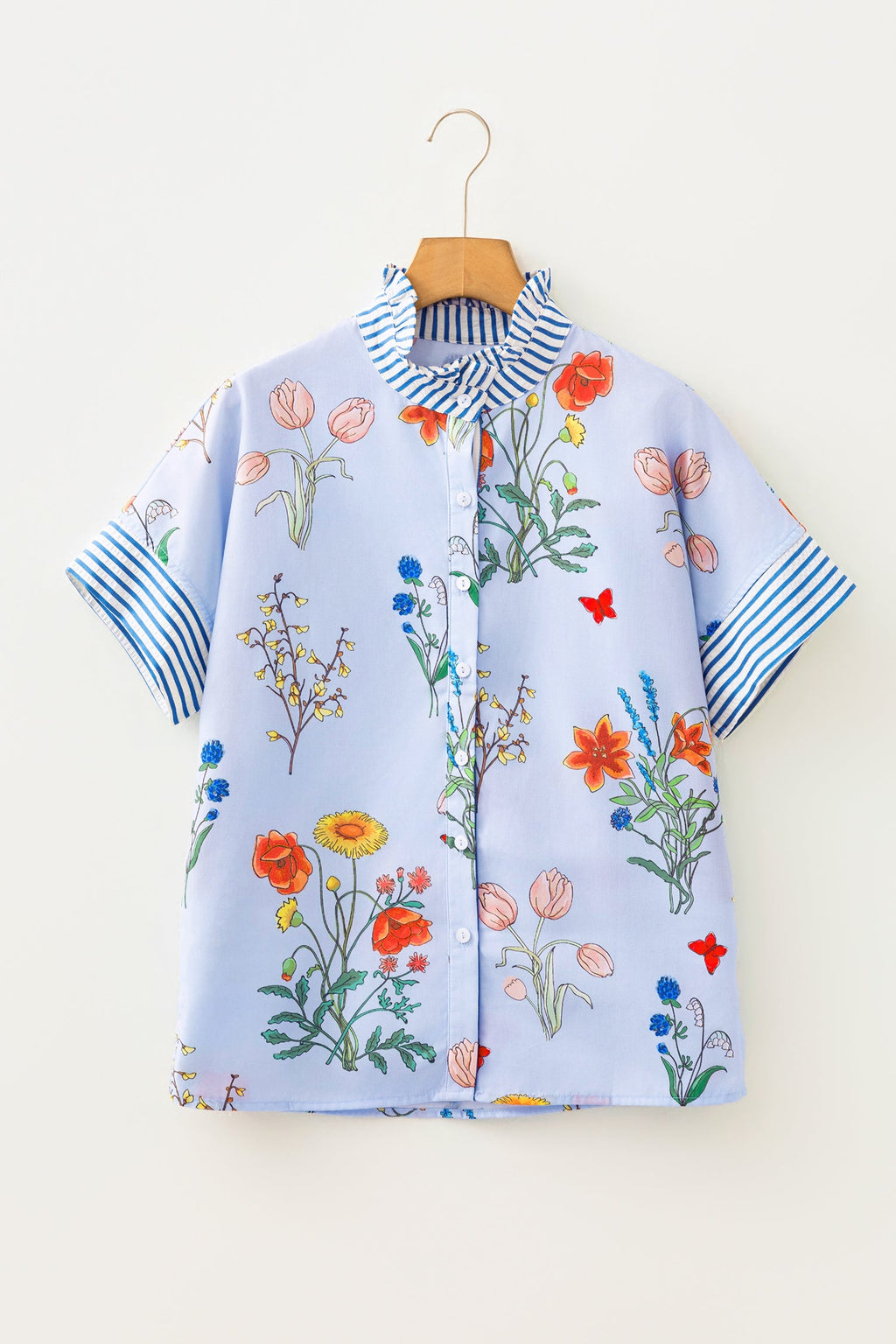 Beige Floral Striped Patchwork Ruffled Collar Short Sleeve Shirt