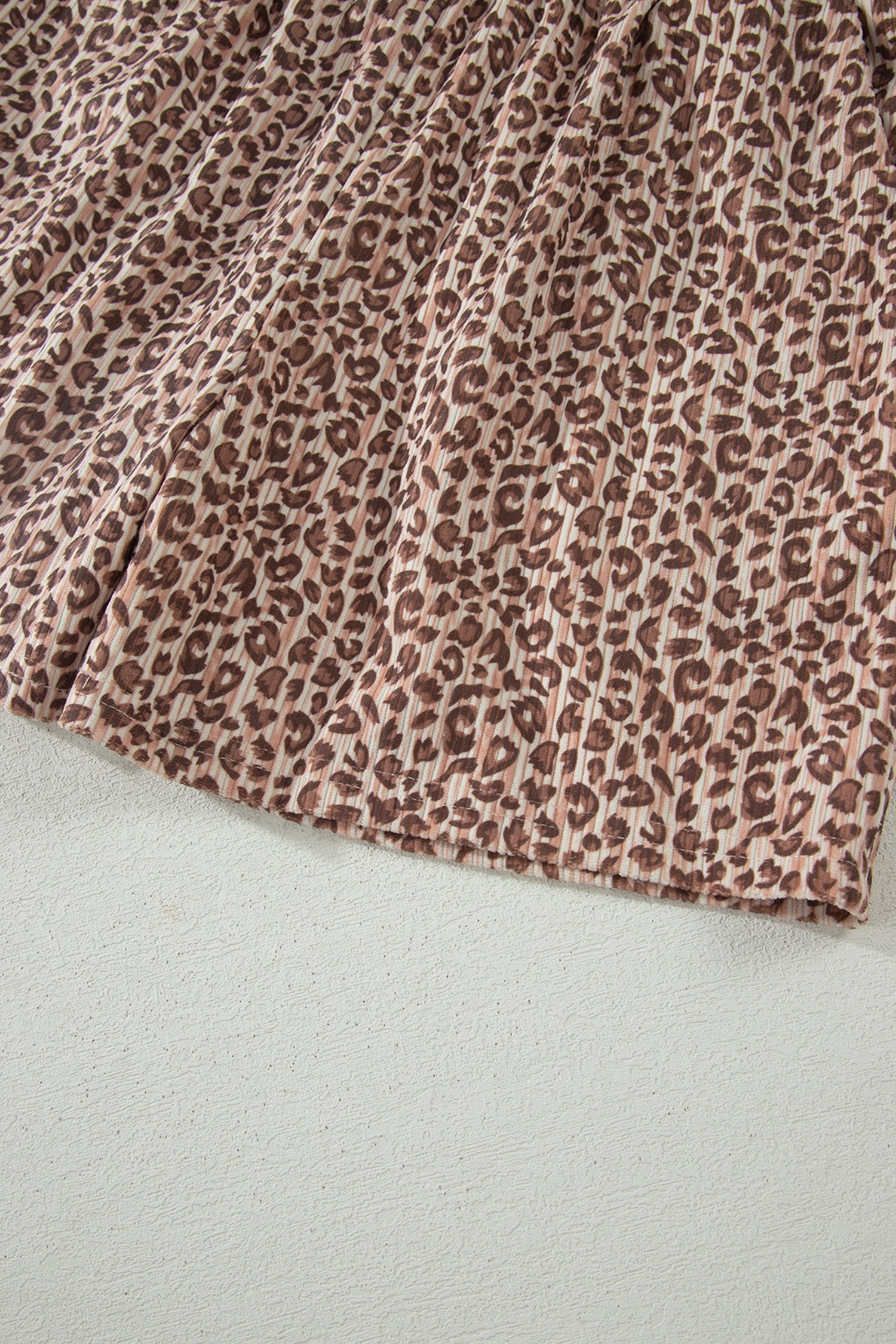 Brown Leopard Print Ribbed Patchwork Half Button Loose Tee Elastic Waist Short 2pcs Set