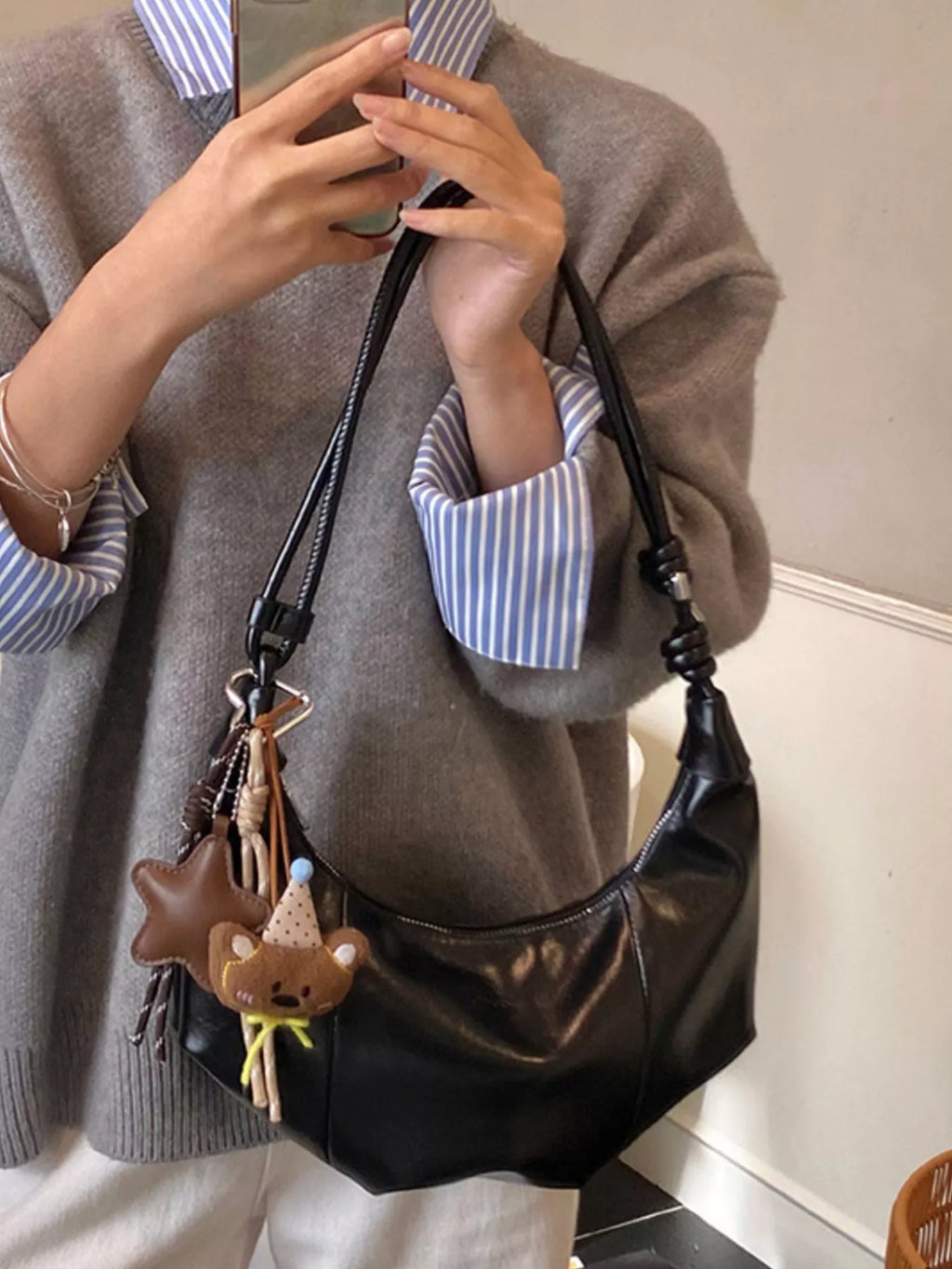 Crescent-Shaped Leather Shoulder Bag