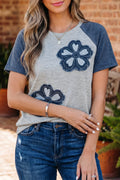Dark Blue Floral Patchwork Colorblock Raglan Sleeve T Shirt