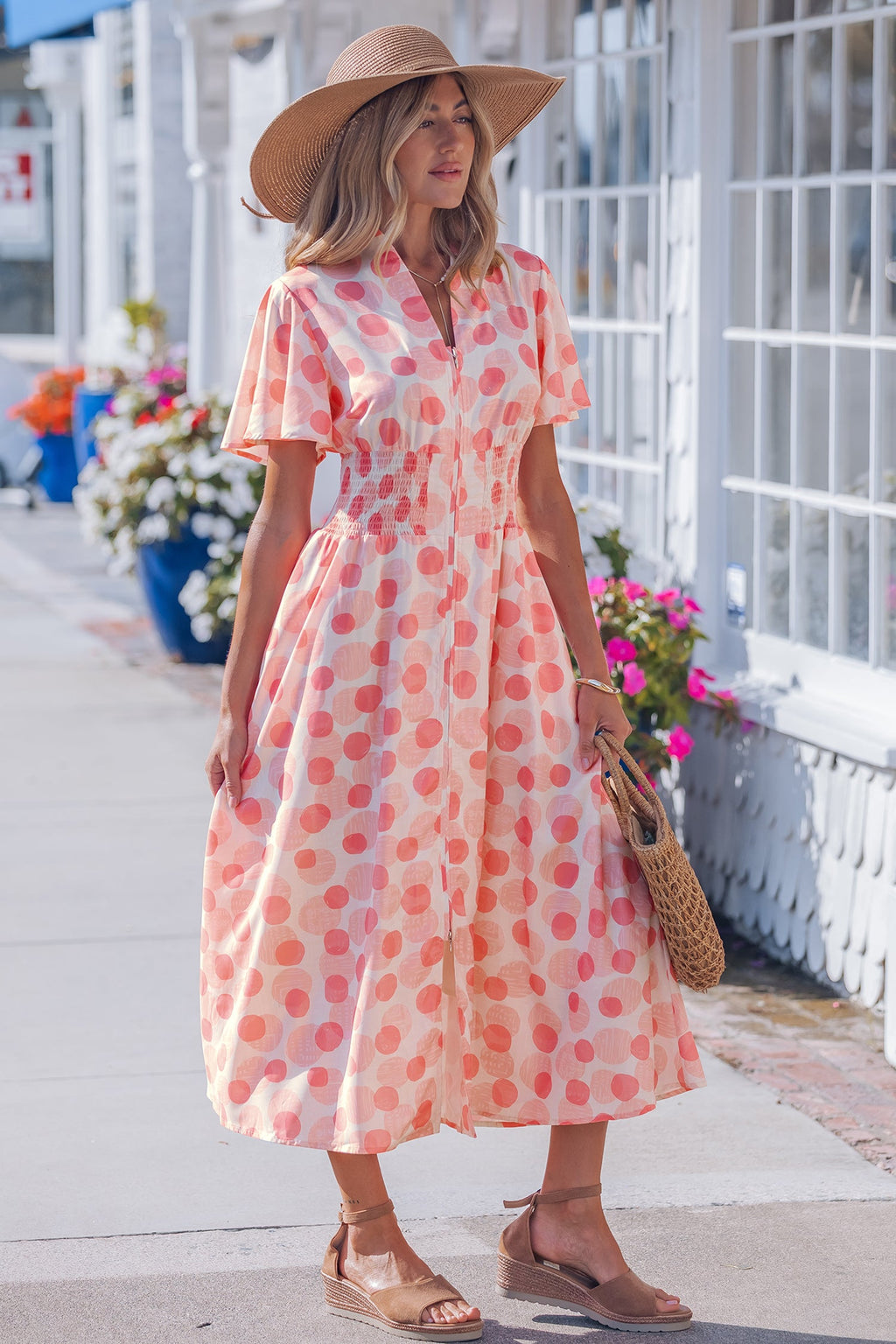 Pink Polka Dot Printed Ruffle Short Sleeve Zip Up Long Dress