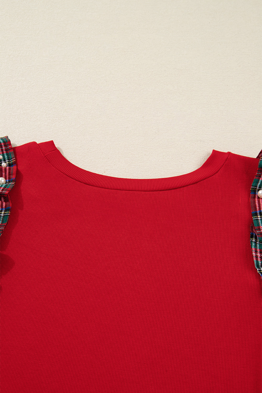 Racing Red Plaid Pearl Ruffled Short Sleeve Knitted Christmas Holiday Plus Size T-shirt
