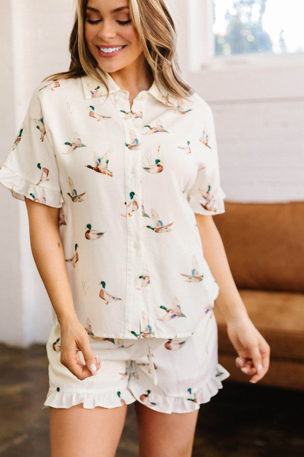 Beige Mallard Print Shirt Style Short Two Piece Set