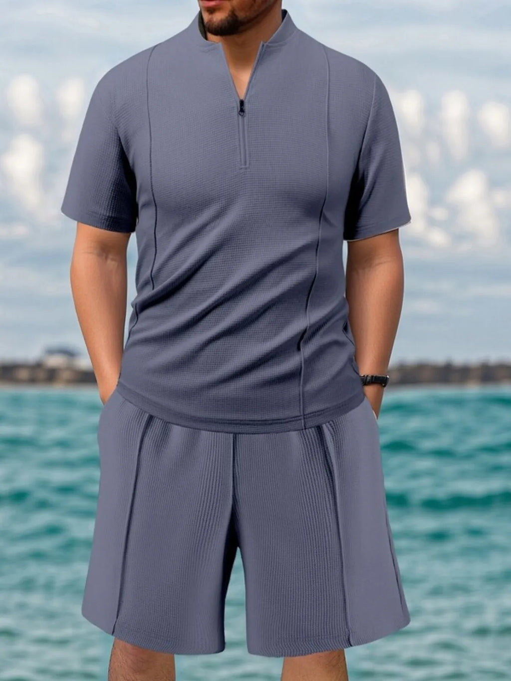 Men's Full Size Zip Front Short Sleeve Top and Shorts Set Plus Size