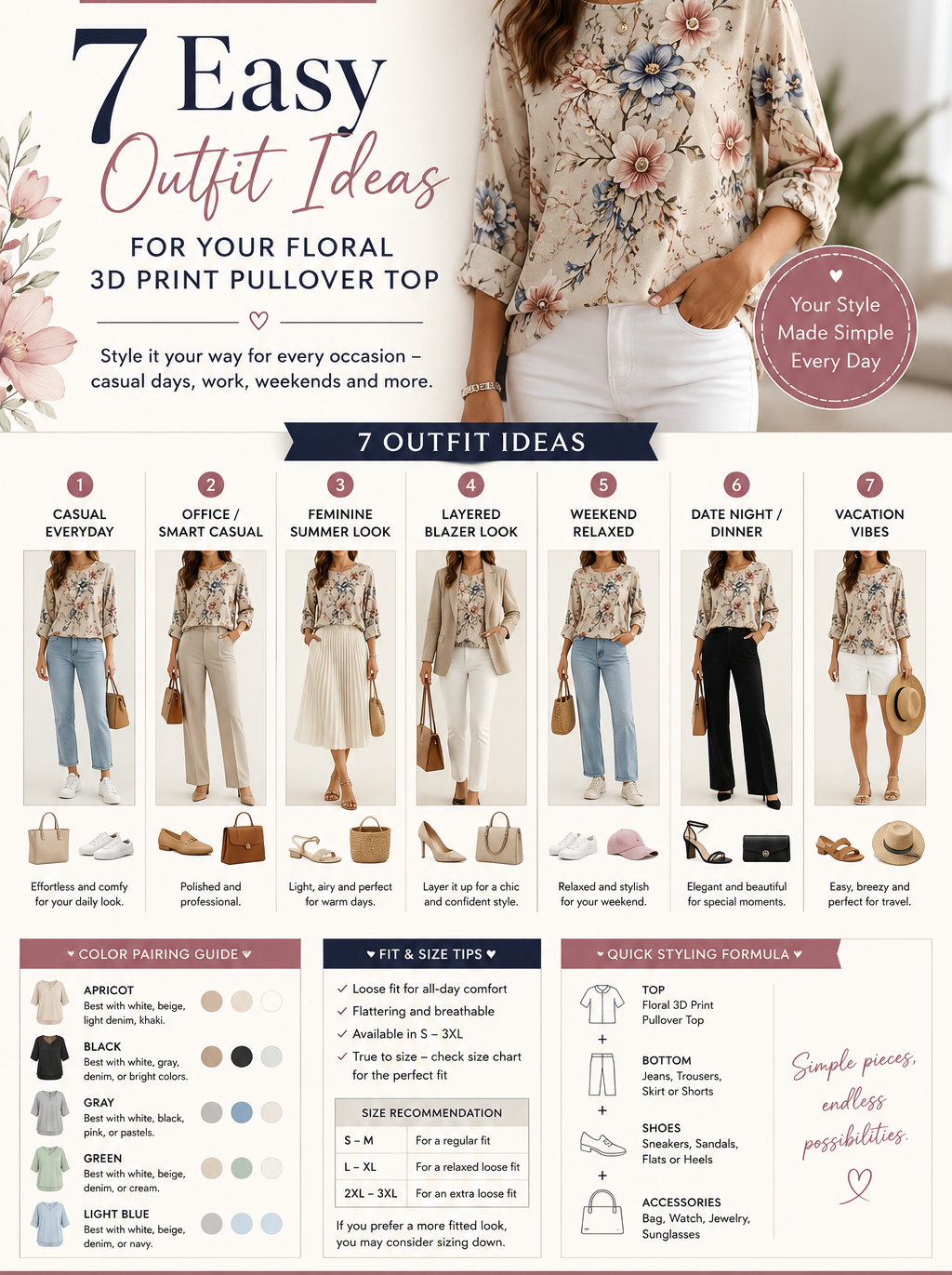 Women's Floral 3D Print Top – Loose Fit Elegant Casual S to 3XL