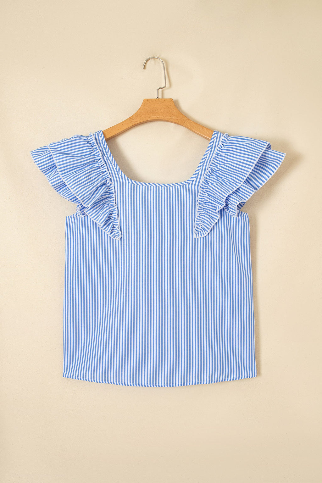 Sky Blue Stripe Square Neck Bow Decor Frilly Ruffled Short Sleeve Blouse