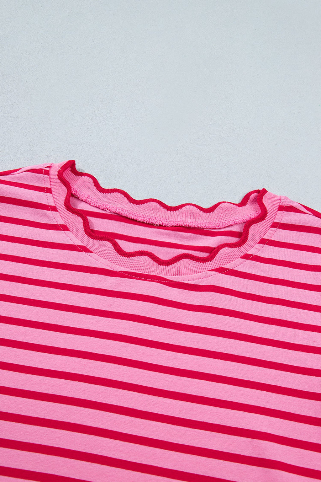 Pink Stripe Scalloped Trim Round Neck T Shirt