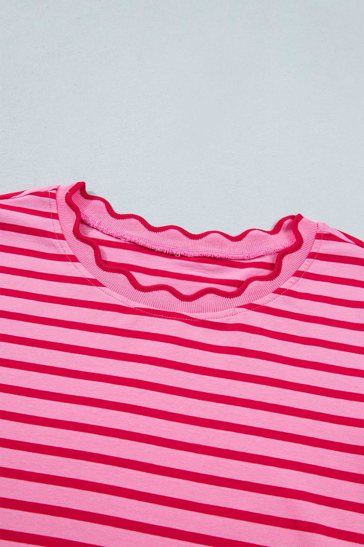 Pink Stripe Scalloped Trim Round Neck T Shirt