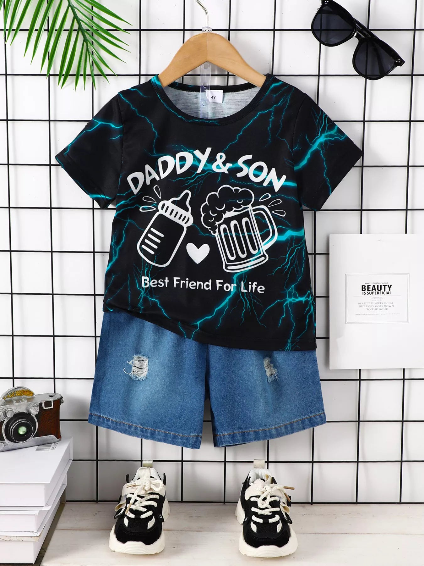 Children's Daddy & Son Best Friend Lightning Print Tee & Denim Shorts Set