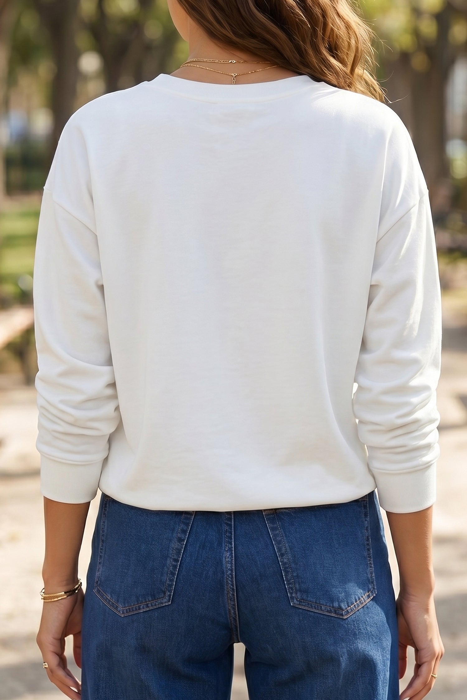 White Solid Color Dropped Shoulder Long Sleeve Top