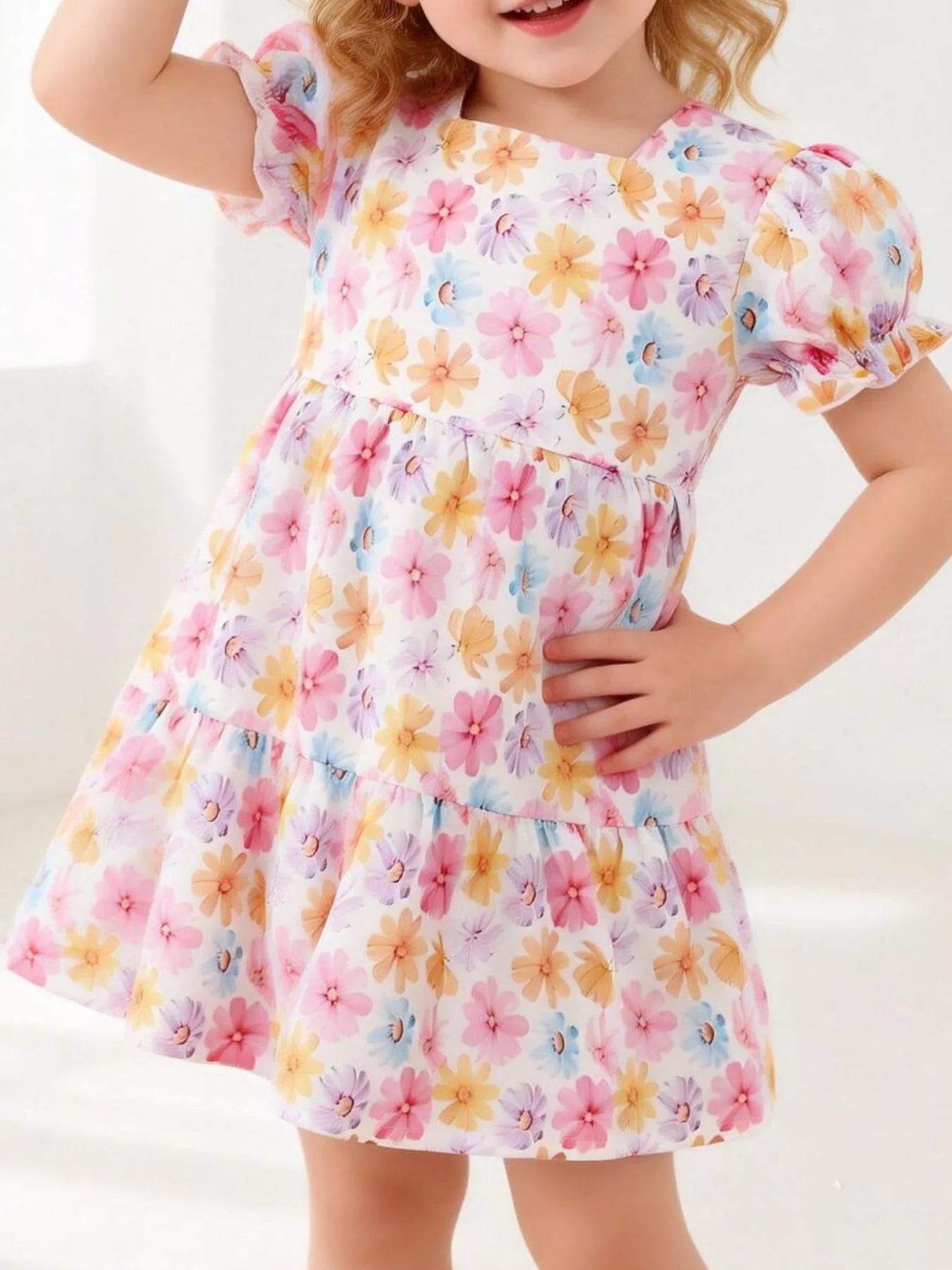Children's Floral Print Puff Sleeve Ruffle Hem Dress