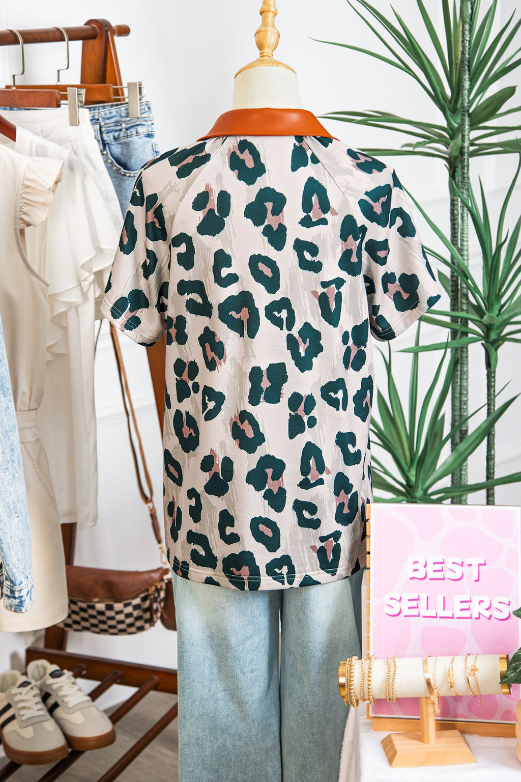 Casual Unique Leopard Print Button Contrast Collared Short Sleeve Blouse