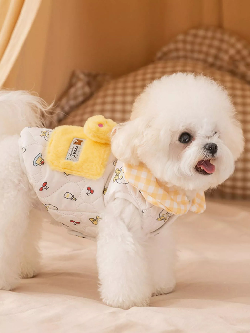 Cute Cartoon Print Padded Pet Jacket with Gingham Collar