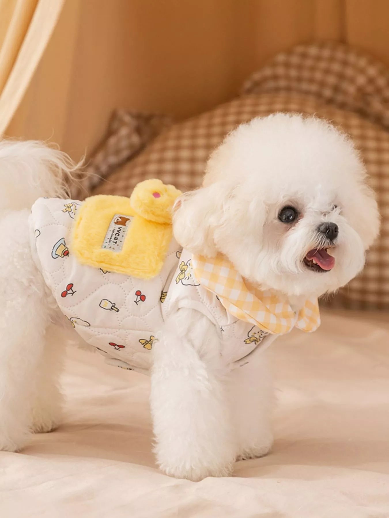 Cute Cartoon Print Padded Pet Jacket with Gingham Collar