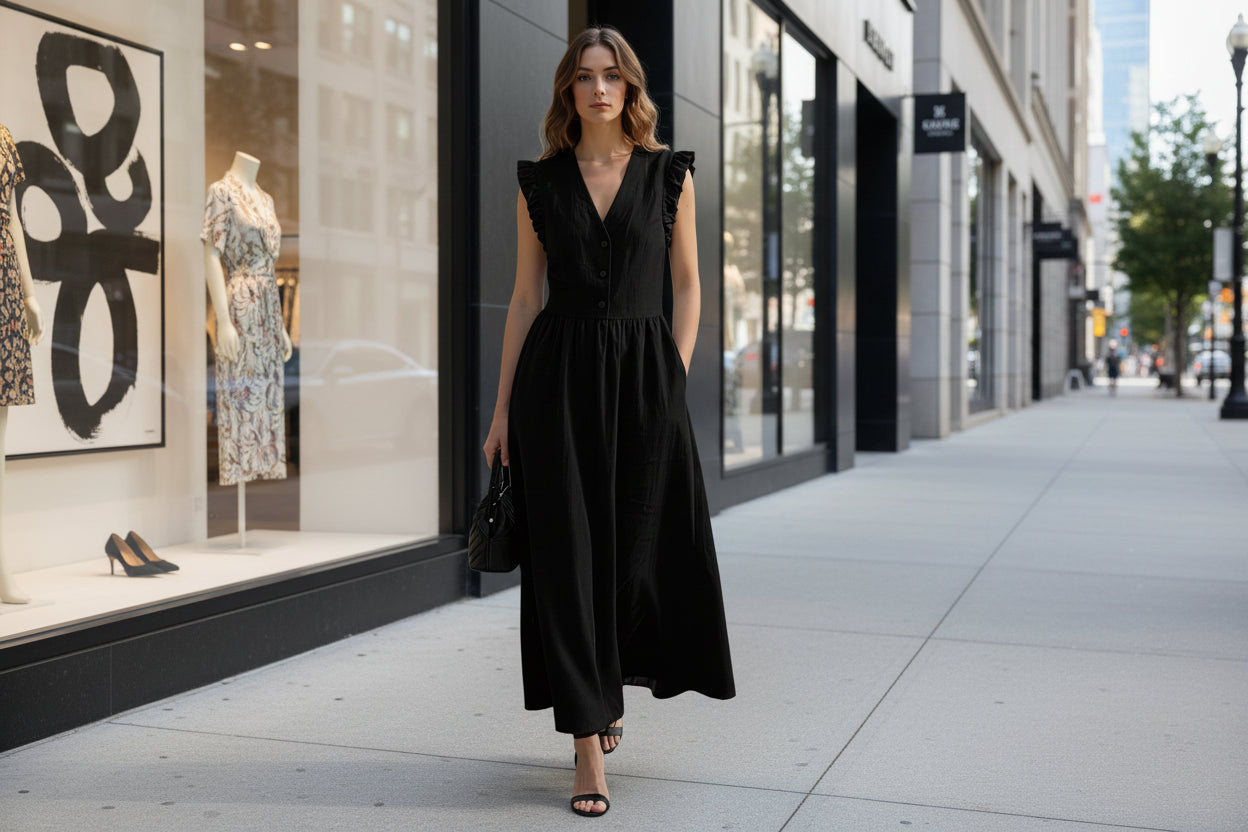 V-Neck Puff-Sleeve Dress with Pockets – Cotton Linen, 7 Colors