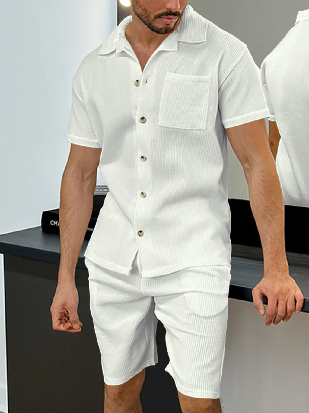 Men's Full Size Button Up Top and Shorts Set Plus Size