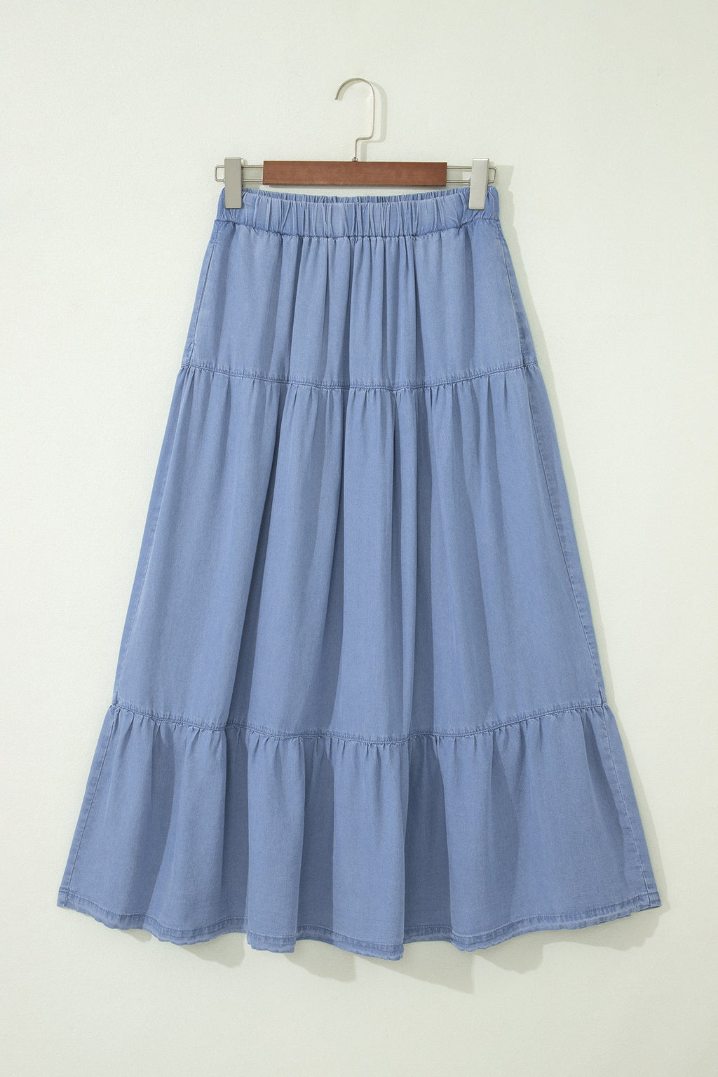 Beau Blue Elastic Waist Ruffled Tiered Flared Denim Maxi Skirt