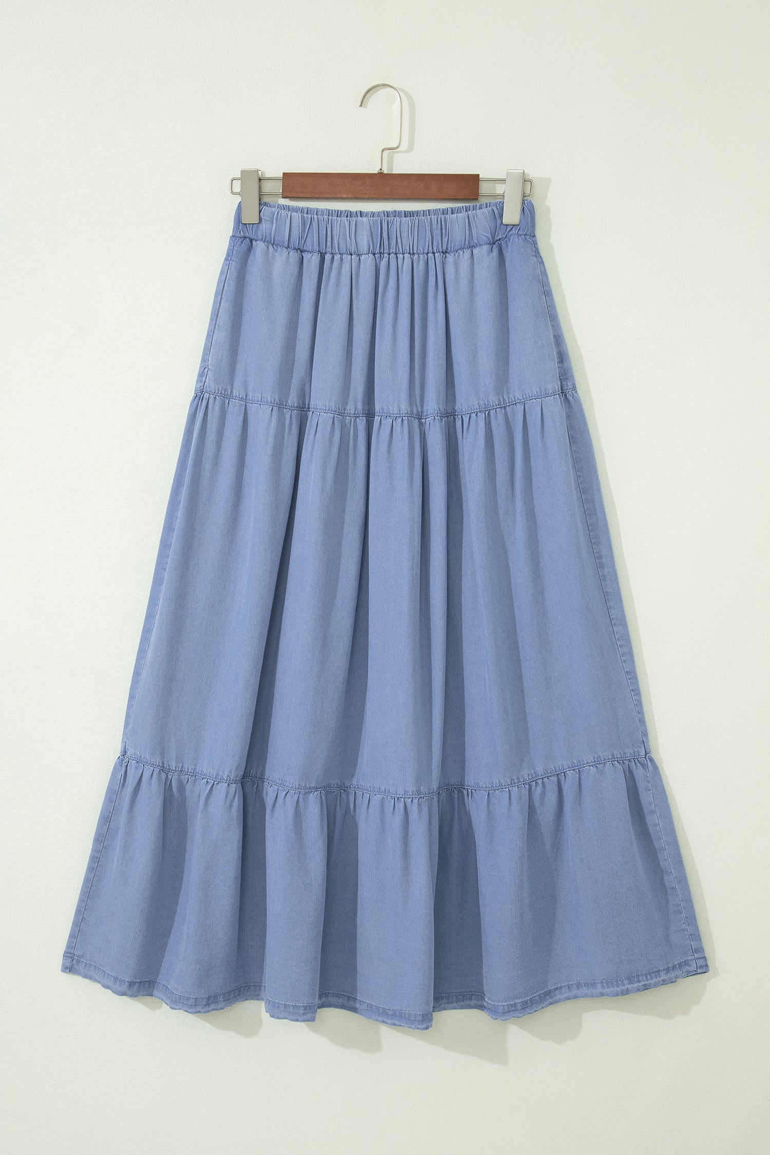 Beau Blue Elastic Waist Ruffled Tiered Flared Denim Maxi Skirt