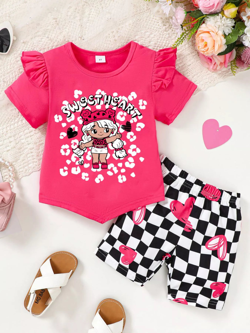 Children's Ruffled Short Sleeve Tee and Checkerboard Shorts Set
