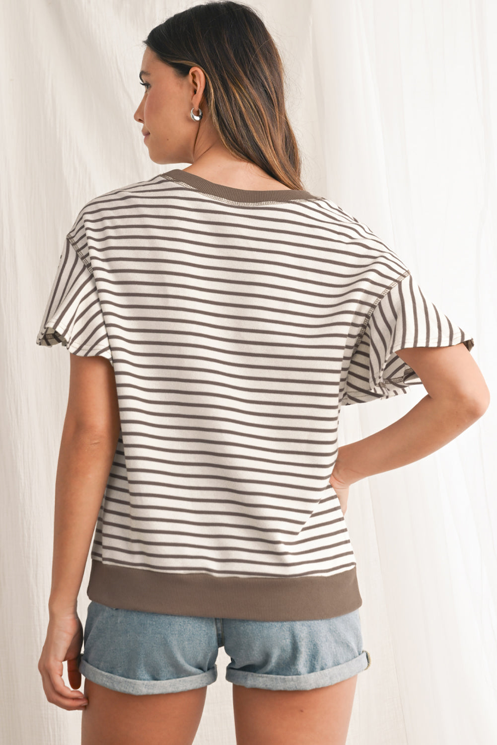 Bright Green Striped Ruffle Sleeve Round Neck Top